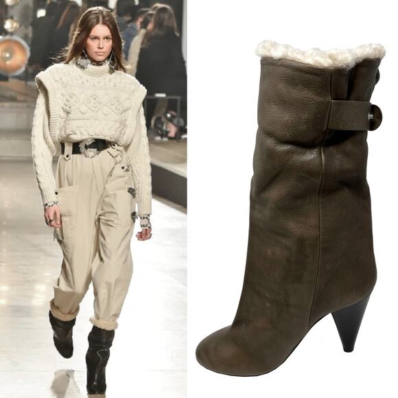 Isabel Marant Lafkee Shearling‑Lined Leather Wedge Boots, Size 40 - Picture 1 of 12